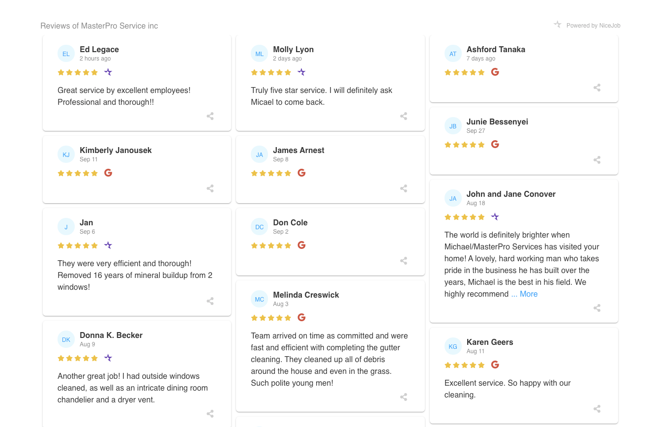 What NiceJob Reviews look like on a website